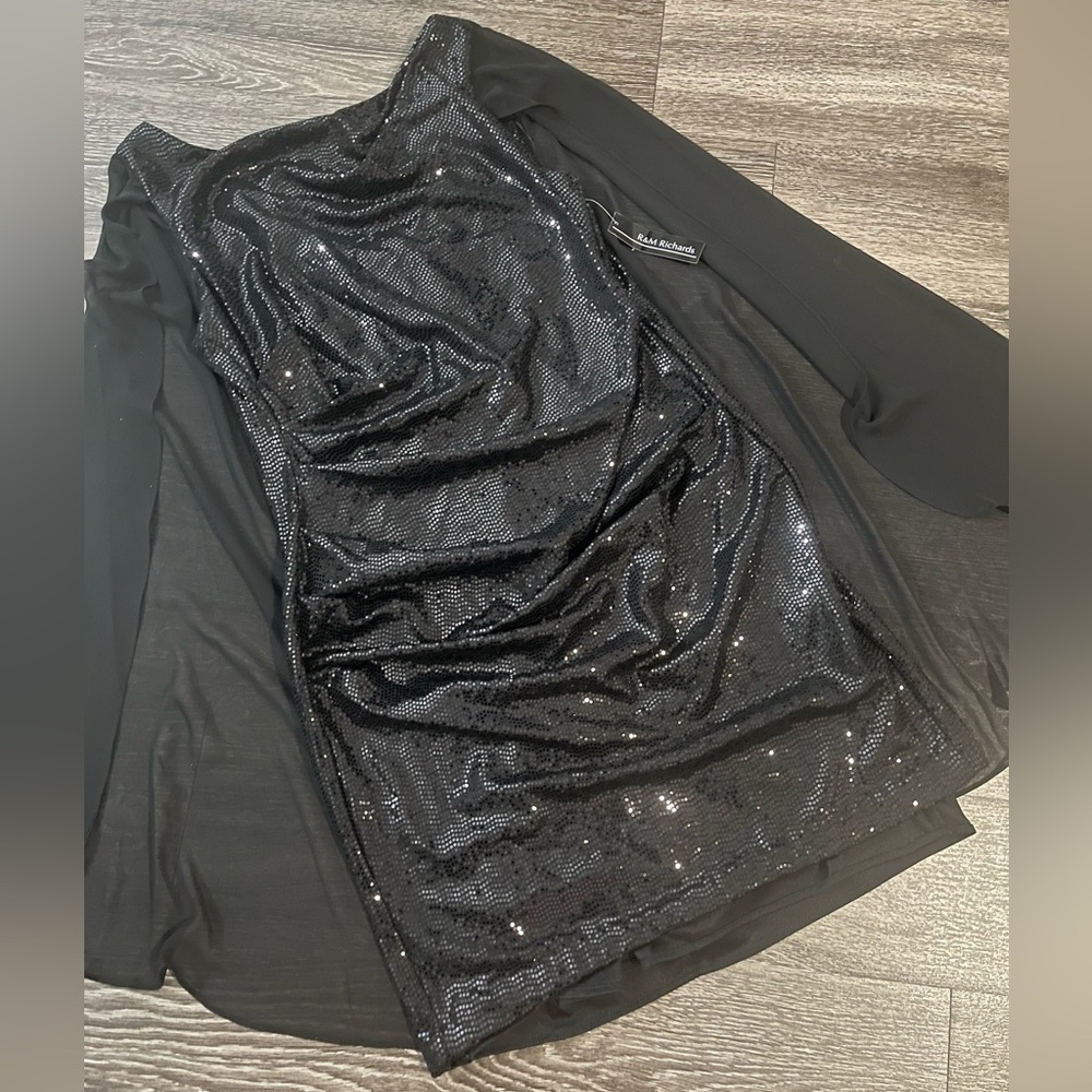 R&M Richards Black Sequin Ruched Midi Skirt